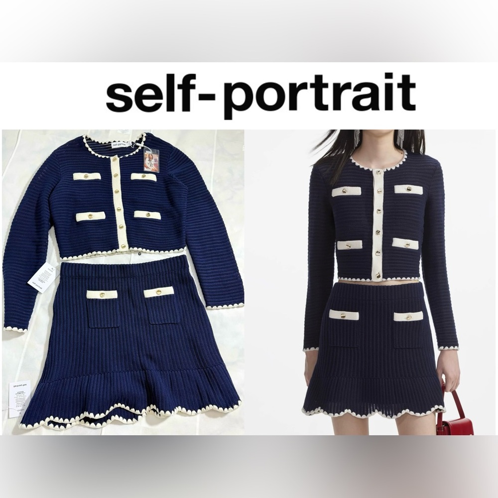 NWT Self Portrait Navy Crochet Contrast Trim Knit Set -Cardigan and Skirt- L